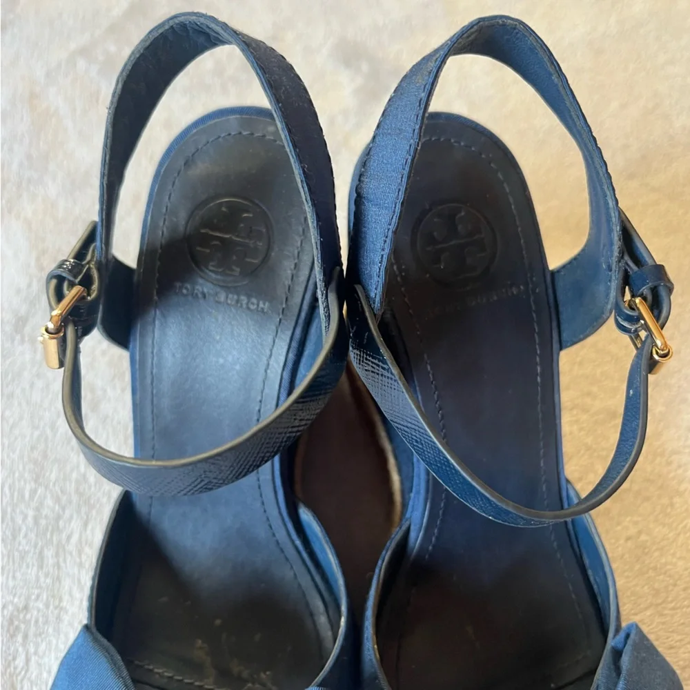 Tory Burch Blue Canvas and Leather Espadrille Wedge Ankle Strap Sandals